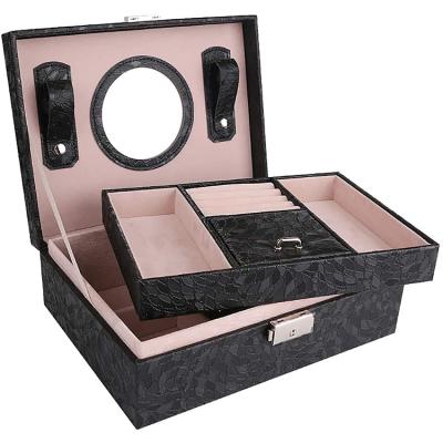 China Durable PU Leather Jewelry Display Case Box Double Layers Jewelry Organizer With Mirror And Lock for sale