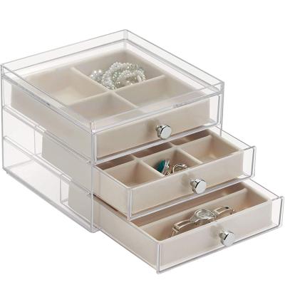 China High Quality Viable Clear Jewelry Organizer 3 Drawer Storage Case For Earrings Rings Necklaces for sale