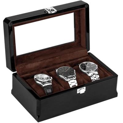 China High End Viable Piano Black Lacquer 3 Slots Wooden Watch Packaging Storage Box With Clear Lid for sale