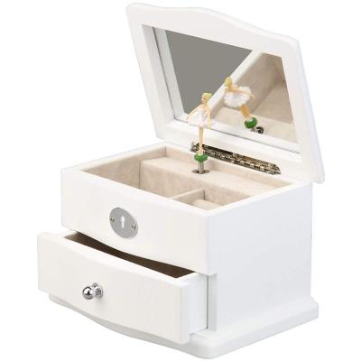 China High Quality Viable Luxury White Lacquer Wooden Lock Musical Jewelry Box With Movable Dancer Ballerina for sale