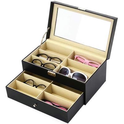 China Durable 12 Grids Leather Glasses Storage Case Watch Organizer 2 Tier Sunglasses Display Drawer Holder Transparent Lid for sale