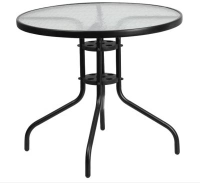 China Round Metal Portable Frame Top Tempered Glass Conversation Coffee Table For Garden Pool Side Balcony for sale