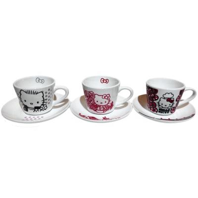 China HELLO KITTY COFFEE CUP SAUCER SET SUSTAINABLE SOLID COLOR TABLEWARE TEA CUP CERAMIC STONEWARE CUSTOMIZED CUP AND SAUCER for sale