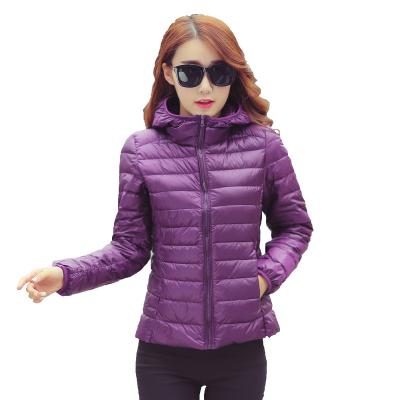 China Colored Simple Anti-Shrink Wind Proof Silk Soft Shell Light Weight Duck Down Jacket Women With Hood for sale