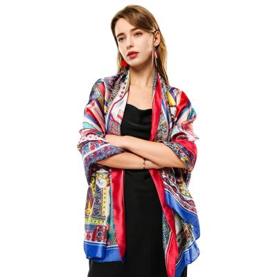 China Luxury Printed Soft Shawl Polyester Scarves Ladies Summer Satin Hijab Scarf Women Foulard Beach Silk Stoles Long for sale