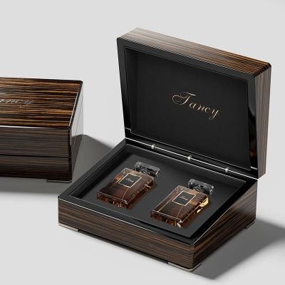 China Recyclable Luxury Wooden Perfume Box 2 Bottle With Box 2 Slots Perfume Gift Box Packaging Custom for sale