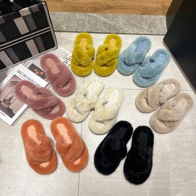 China Indoor Flat House Plush Sandal Slippers Indoor Flat Home Fur Slippers Fashion Trend Fashion Faux Fur Faux Fur Slides For Women for sale