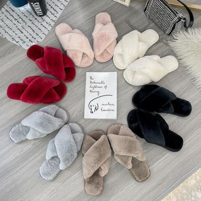 China Designer Soft Fur Cross Toe Slides Open Indoor Warm Fuzzy Winter Women's Slipper Custom Fashion Trend Wholesale for sale