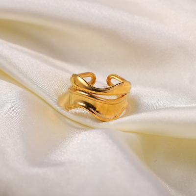 China TRENDY Same Ring Stainless Steel Double Shaped Corrugated Opening Ring 18K Gold Plated Ring for sale