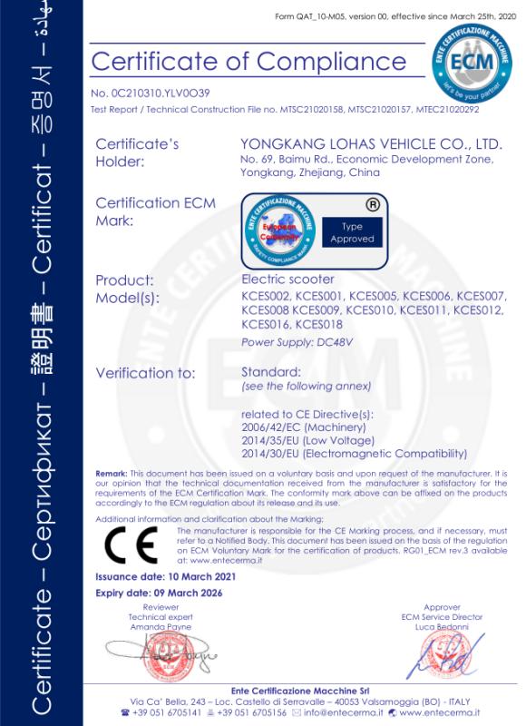 CE - Yongkang Lohas Vehicle Co., Ltd.