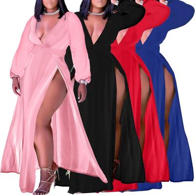 China Anti-Static Women Fall Clothes Styles Split Long Sleeve V-Neck Maxi Dress Plus Size Women's Dresses for sale