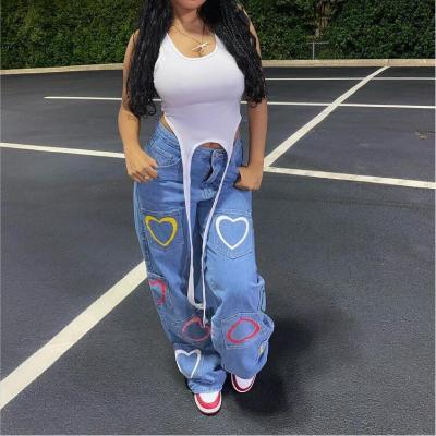 China QUICK DRY heart print long jeans for women flared straight stretch wide leg pants jeans for sale