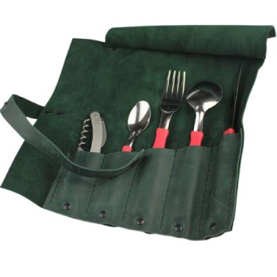 China Stored Reusable Leather Protable Cutlery Pocket Knife Roll Bag Pocket Cutlery Holder For Picnic for sale