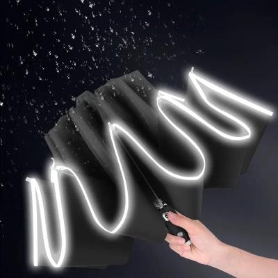 China Wholesale Reflective Logo Printing Business Gift Inverted Reverse Led Light Handle 3 Fold Safe Reflective Automatic Umbrella For Night for sale