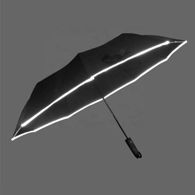 China Automatic Collapsible Umbrella Strong Windproof Portable Folding Promotion Reflective Safety Reflective Umbrella With Reflective Strip for sale