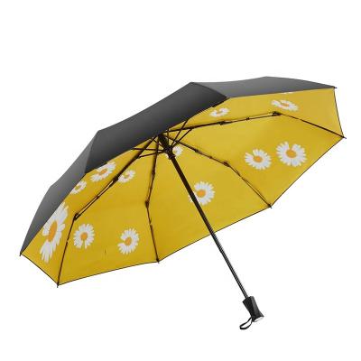 China Patio Reflective Black UV Coating With Safe Daisy Flower Sun Rain Umbrellas Manual Open And Close Fashion Design 3 Fold Umbrellas for sale