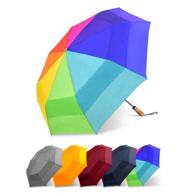 China Wooden Handle Windproof Strong Narrow Automatic Double Layer Open Umbrella Promotional Custom Fold Rainbow Umbrella for sale