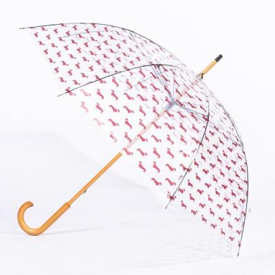 China Rainpproof Logo Printing Wood Transparent PVC Poe J Curve Handle Clear Manual Open Plastic Umbrella For Promotion for sale