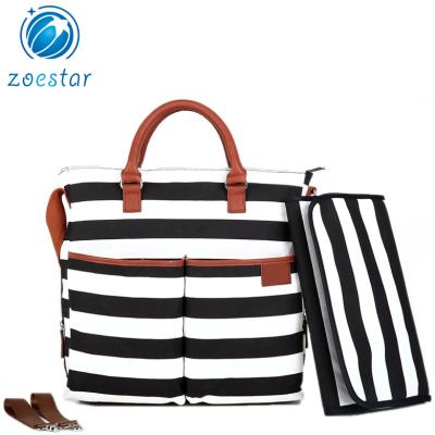 China Large Stylish Tote Diaper Bag Simple Stripe Design with 8 Pockets and Shoulder Straps for Mom for sale