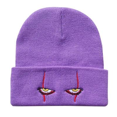 China JOINT Clown scary eyes knitted beanie women and men embroidery logo custom hip hop winter hats for sale