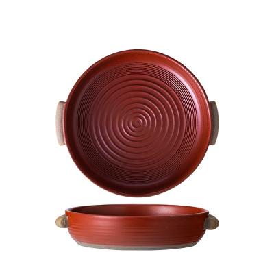 China Sustainable Circle Line Baking Stoneware Serving Dishes Terrine Fine Stoneware Red Fine Custom Soy Dish for sale