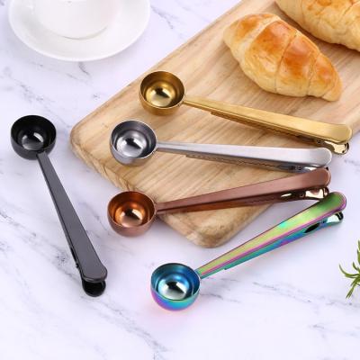 China Viable Mirror Food Grade Metal Coffee Scoop Gold Stainless Steel Coffee Doser Scoop With Sealing Clip With Gift Box for sale