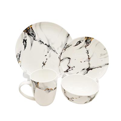 China Luxury Fine Wedding Sustainable Bone China Marble Decals Dinnerware Set Porcelain Bone Dinnerware Sets 16pcs for sale