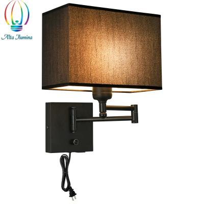 China Contemporary European Dimmable Swing Arm Indoor Wall Lamp Fabric Living Room Bedroom Lamp Led American Hotel Room Reading Wall Lamp for sale