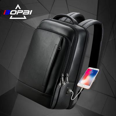 China With USB Bopai Cowhide Luxury Custom Leather Bag Genuine Anti Flight Travel Business Men Laptop Backpack 15.6 With USB Filling for sale