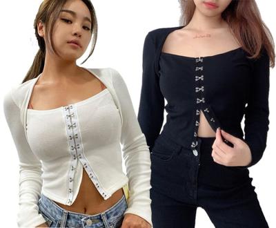 China QUICK DRY women knitted square neck long sleeve with hook and eye decoration 1*1 rib fabric blouse crop front women fabrics for sale