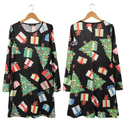 China 2021 New Women's Christmas Green Print Elegant Round Neck Sleeve Knitted Dress Breathable Autumn And Winter Long Clothes for sale