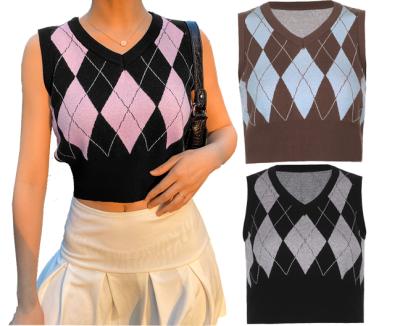 China 2021 Autumn Casual Customer Breathable Women's Hot Selling Argyle V-Neckline Knitted Top 100% Crop Women's Acrylic Sweater Vest for sale