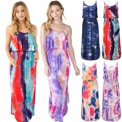 China New anti-static women's summer casual dresses plus size with strap u-neck fashion dye tying long dress for sale