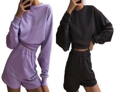 China Breathable Wholesale Ladies Fashion Solid Color Cotton And Spandex Fleece Long Sleeve Crop And Shorts Outfit 2 Piece Sets Woman Clothes for sale