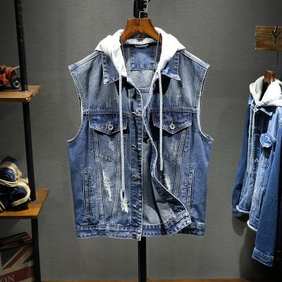 China China Suppliers QUICK DRY Washing Ripped Broken Denim Cotton Fabric Vest Manufacturer Distressed OEM Men's Jean Denim Jacket Custom Made for sale