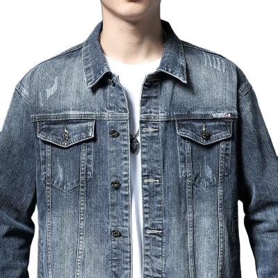 China Winter QUICK DRY Men's Streched Denim Jacket Big Blue Loose Button Embroidery Jeans Jacket Luxury Washed Casual Duffle Men's ODM Top for sale