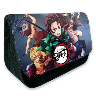 China 9 Styles Anime Demon Slayer Student Cosmetic Bag Anime Canvas Double Zipper Peripheral Flip Pen Bag for sale