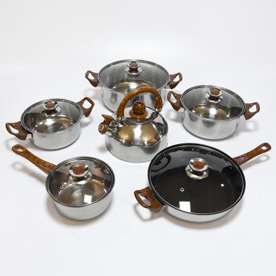 China 12 Pcs Sustainable Stainless Steel Cookware Set With Kettle Lid Glass Cookware Nonstick Frying Pan Pot Set for sale