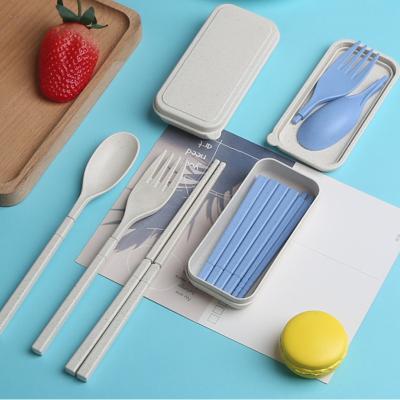 China Viable Promotion Gift Wheat Straw 3Pcs Cutlery Set Detachable Fork Spoon Chopsticks Tableware Set for sale