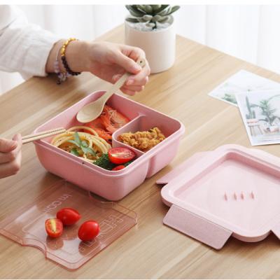 China 1100ML Wheat Straw 2 Compartments Office Student Microwavable Japanese Lunch Box Bento Lunch Box Cutlery Set for sale