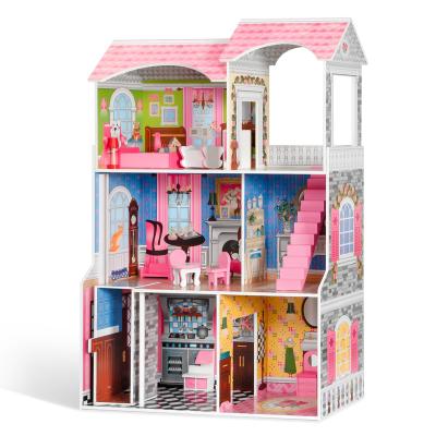 China Toy Amazon Hot Selling Wholesale Diy Cartoon Wooden Three-Layer Girls Doll Room Large For Children With Small Furniture for sale