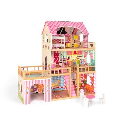 China The Wooden Toy Doll House Interactive Dolls, Cartoon Toy Three Floors Little Girls Educational Wooden Toy House for sale