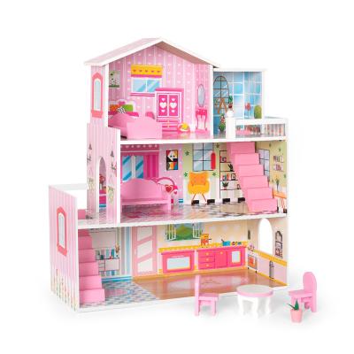 China Cartoon Toy Wholesale Diy Three-Layer Girls Wooden Doll Room Large For Children With Small Furniture for sale