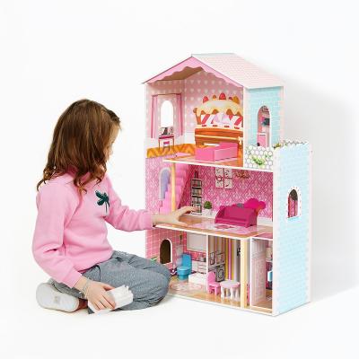 China Cartoon Toy Factory 3 Storeys Wooden Dollhouse With Furniture Fashion Miniature Dollhouse for sale