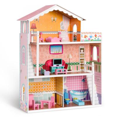 China Educational Toy Pretend Role Play DIY Toy Big Kids Wooden Cartoon Doll House Villa with Doll Room Furniture Dollhouse for sale