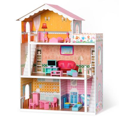 China Toy Amazon Hot Selling Furniture Cartoon Wooden Toys Petend Play Set Kids Large Wooden Doll House For Children for sale