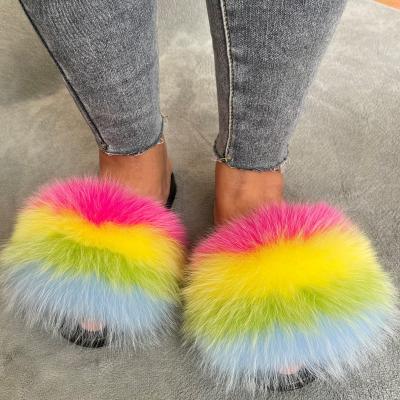 China CUSHIONING support logo color fox fur raccoon fur slippers presentation designer custom natural fur slippers for sale