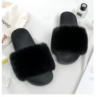 China CUSHIONING 2022 New Summer Ladies Flat Slippers Shape Fur Slippers Vegan Rabbit Fur Fashion Ladies Slippers for sale