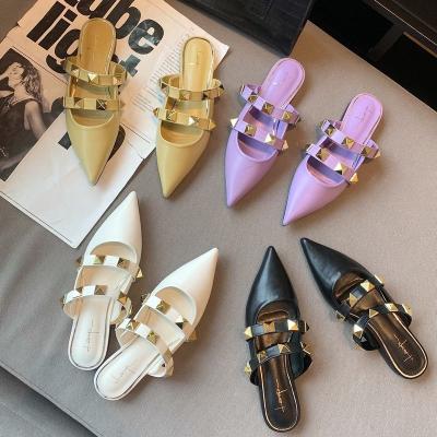 China Women Summer Rockstud Cushioning Caged Slides Slipper Ladies Toe Roman Stud Flat Mule Shoes Casual Headed For Daily Shopping for sale