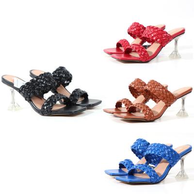 China Women's New Lightweight Summer Transparent Heels Weave Casual Strap High Heel Sandals Square Toe Sandals for sale